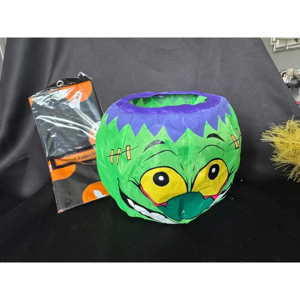Halloween Frankenstein Pop Up Candy Bucket and 60 Inch Round Vinyl Tablecloth